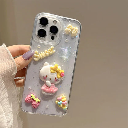 3D Cartoon Strawberry Hello Kitty Drop Glue Glitter Phone Case For iPhone
