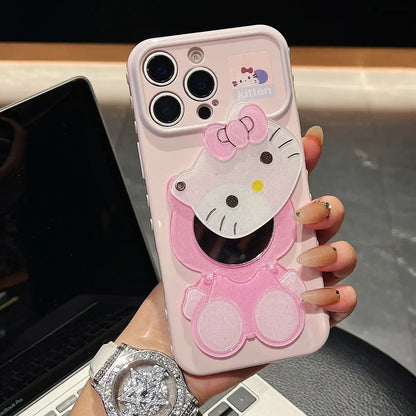 Kawaii Cartoon Cat Mirror Stand Phone Case Suitable For iPhone