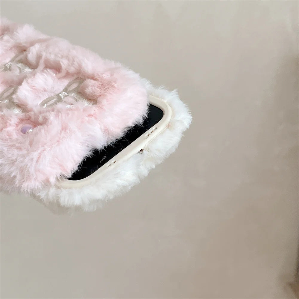 Soft Fluffy Plush bowknot Cat Ears 3D Pearl Phone Case