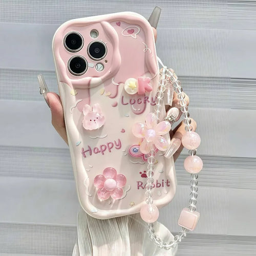 Sweet Style Pink 3D Bunny Flowers Wavy-Edge Phone Case For iPhone