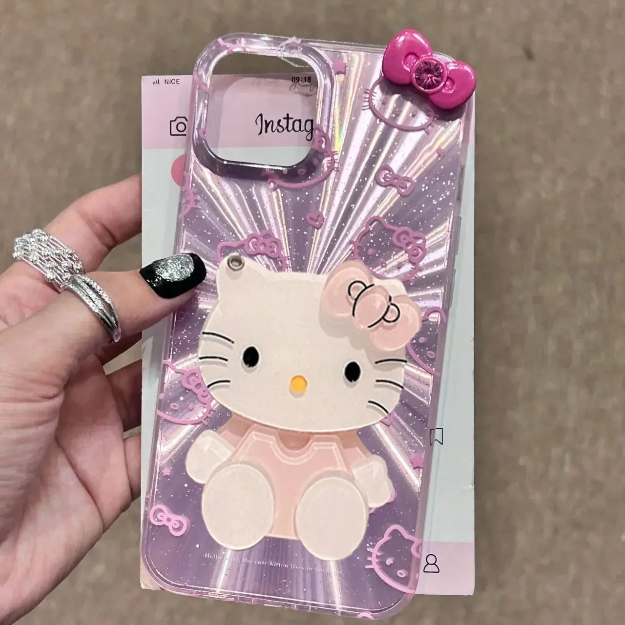 Hello Kitty Bow Aurora Glitter Powder Phone Case For iPhone