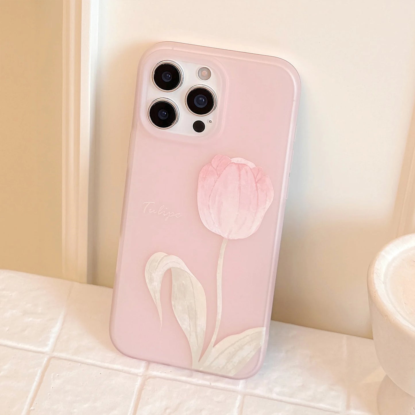 Korean Pink Tulip Flowers Pattern Phone Case For iPhone