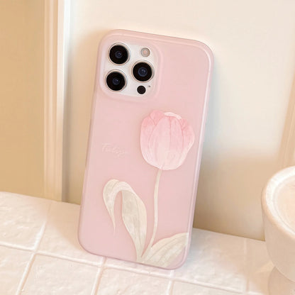 Korean Pink Tulip Flowers Pattern Phone Case For iPhone