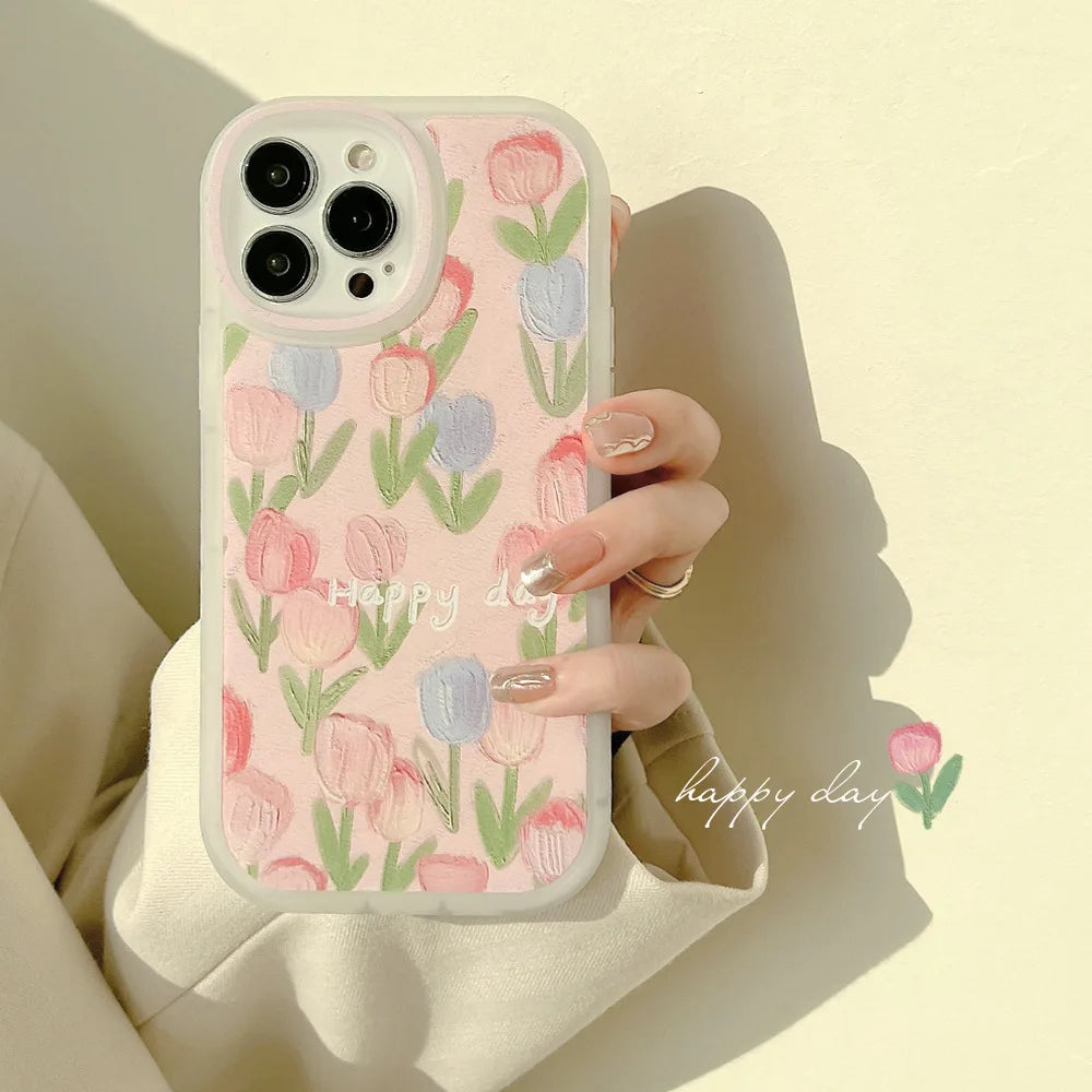 Korean Full Screen Flowers Cartoon Animals Phone Case For iPhone