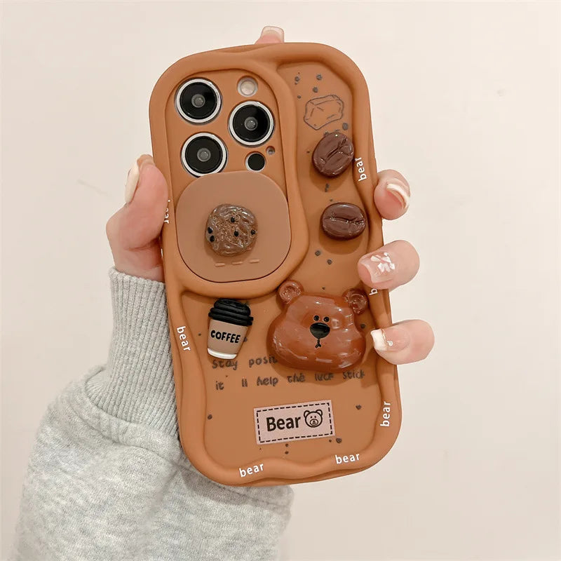 3D Coffee Cartoon Bear Phone Case With Wrist Strap For iPhone