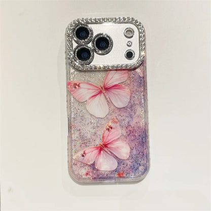 Luxury Diamond Sequins Pink Butterfly Phone Case For iPhone