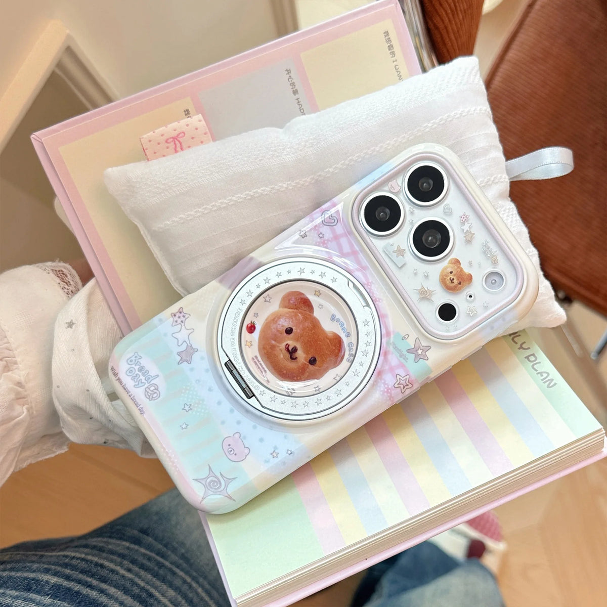Korean Splicing Fold 360° Rotate Cartoon Bear Bread Magnetic Holder Phone Case For iPhone