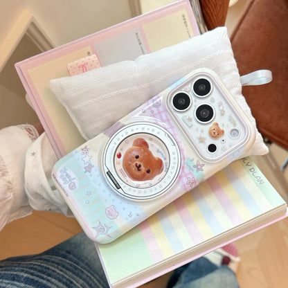 Korean Splicing Fold 360° Rotate Cartoon Bear Bread Magnetic Holder Phone Case For iPhone