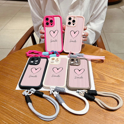 Fashion Smile Pink Love Heart Soft Lanyard Rope Phone Case For iPhone