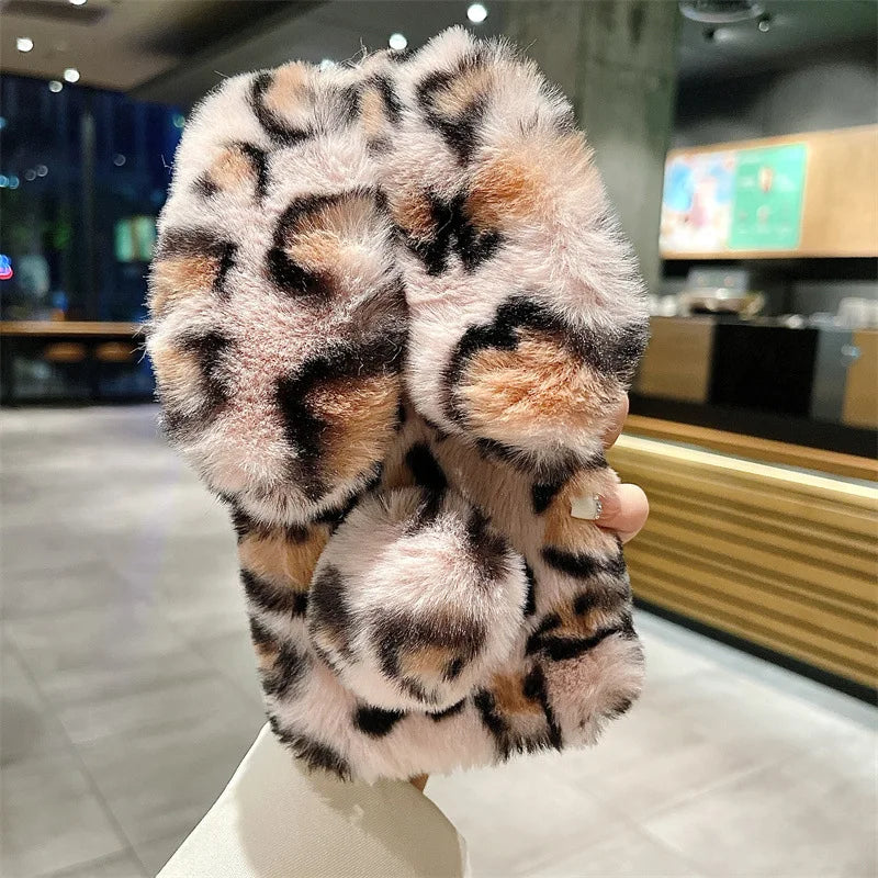 Cute Cartoon Leopard Print Bunny Fur Plush Phone Case For iPhone