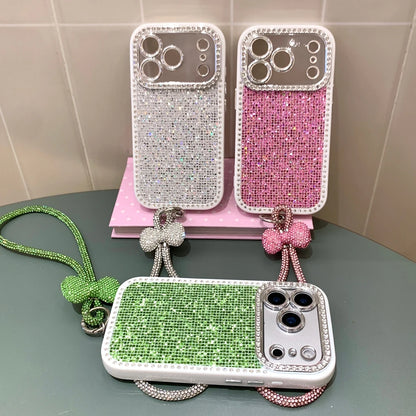 Blingbling Shining Glitter Rhinestone With Bow Lanyard Camera Lens Proteciton Phone Cover Case For iPhone