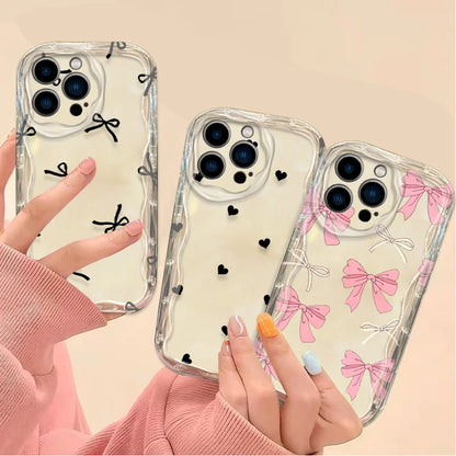 Black With Bow Love Heart Shape Wave Phone Case  For iPhone