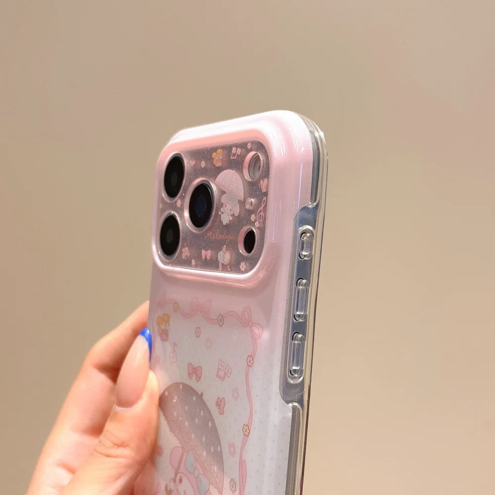 Double Glitter Gradient My Melody Phone Case Large Sparkle Window Lens Cute Cartoon Shockproof Cover For iPhone