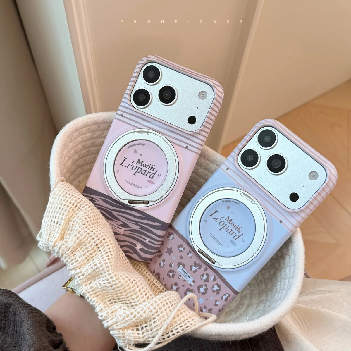 Korean Striped Splicing Fold 360° Rotating Magnetic Bracket Phone Case For iPhone