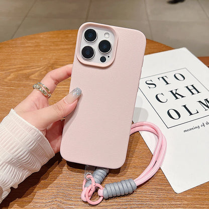 Luxury Litchi Leather Matte Soft Lanyard Rope Phone Case For iPhone