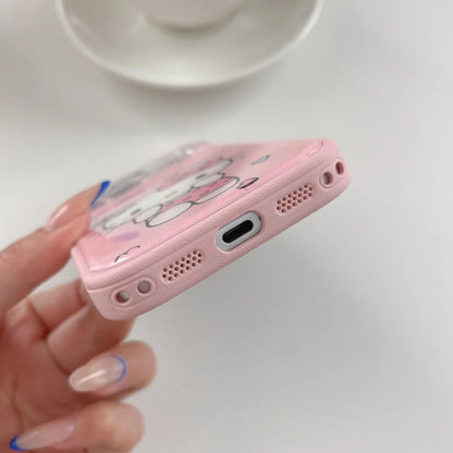 Pink Leather Hello Kitty Phone Case With Bead Wrist Lanyard Shockproof Cute Cartoon Protective Cover For iPhone