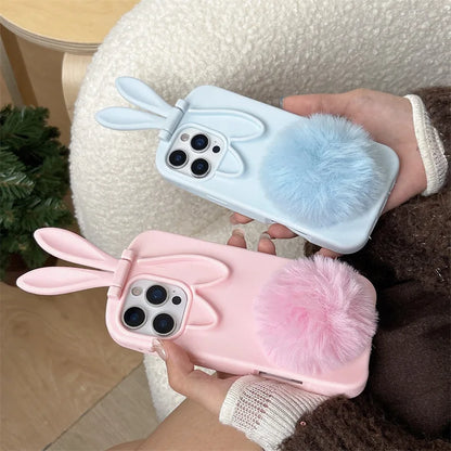 3D Cartoon Rabbit Ear Foldable Holder Silicone Phone Case For iPhone