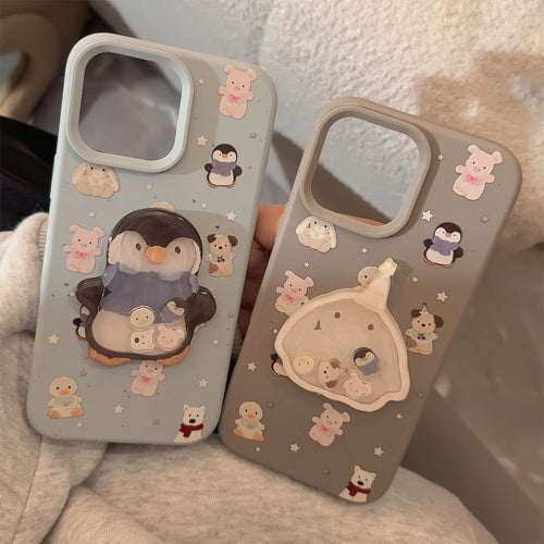 Cute Cartoon 3D Penguin Bunny Quicksand Phone Case For iPhone