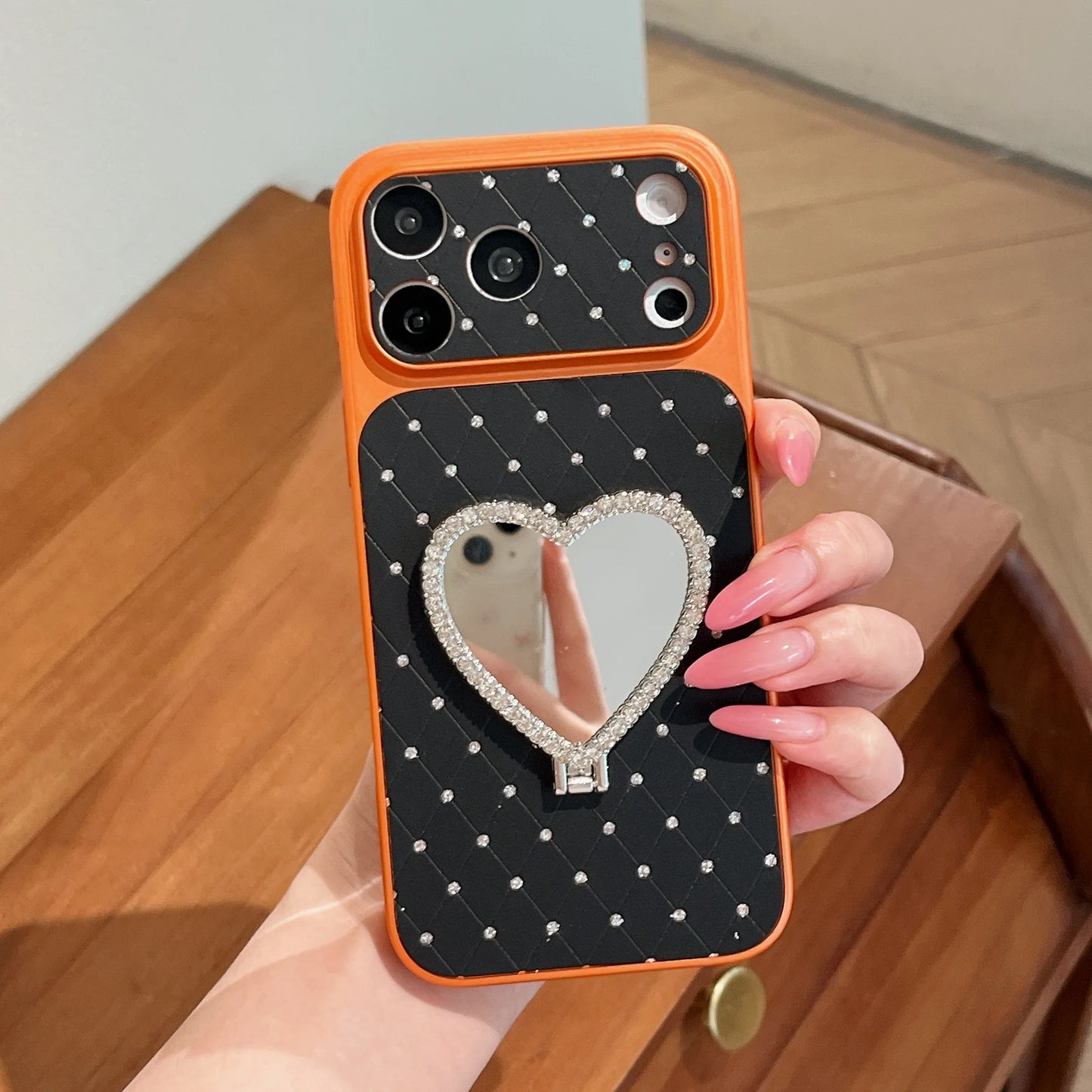 Luxury Orange Shell Makeup Mirror Phone Case with Heart Stand For iPhone