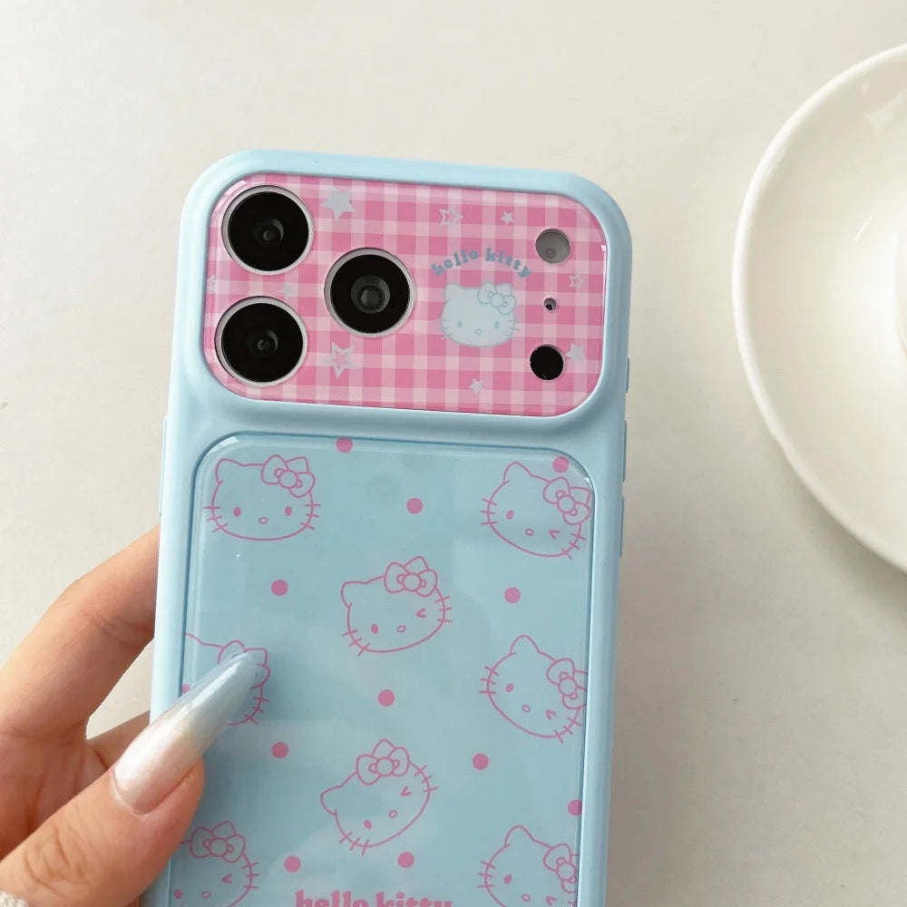 Cute Cartoon Large Window Four Colored Line Kitty Head Phone Case For iPhone