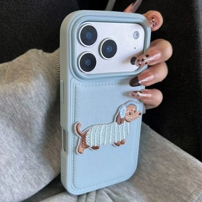 Kawaii Cute 3D Embroidered Blue Puppy Premium Raised Lychee Pattern Suitable For iPhone