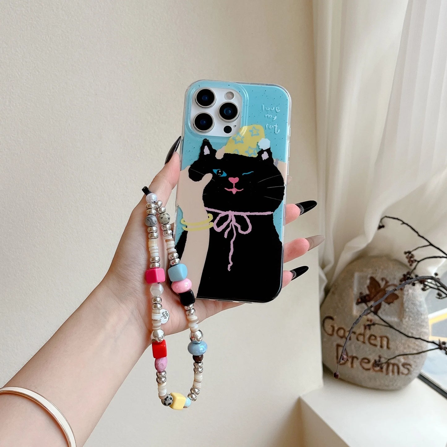 Adorable & Sweet Cute Black Cat with Colorful Beaded Chain Lovely Phone Case