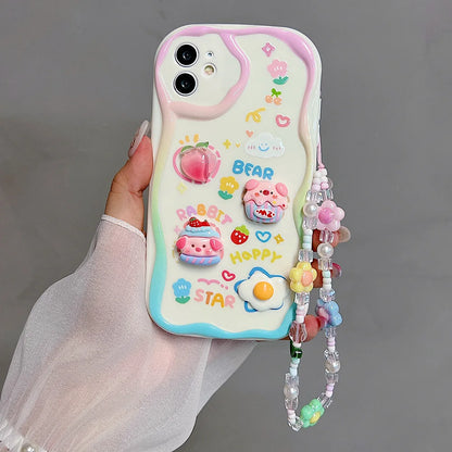 Cute 3D Pig Bracelet Wrist Chain Lanyard Clear Soft Phone Case For iPhone