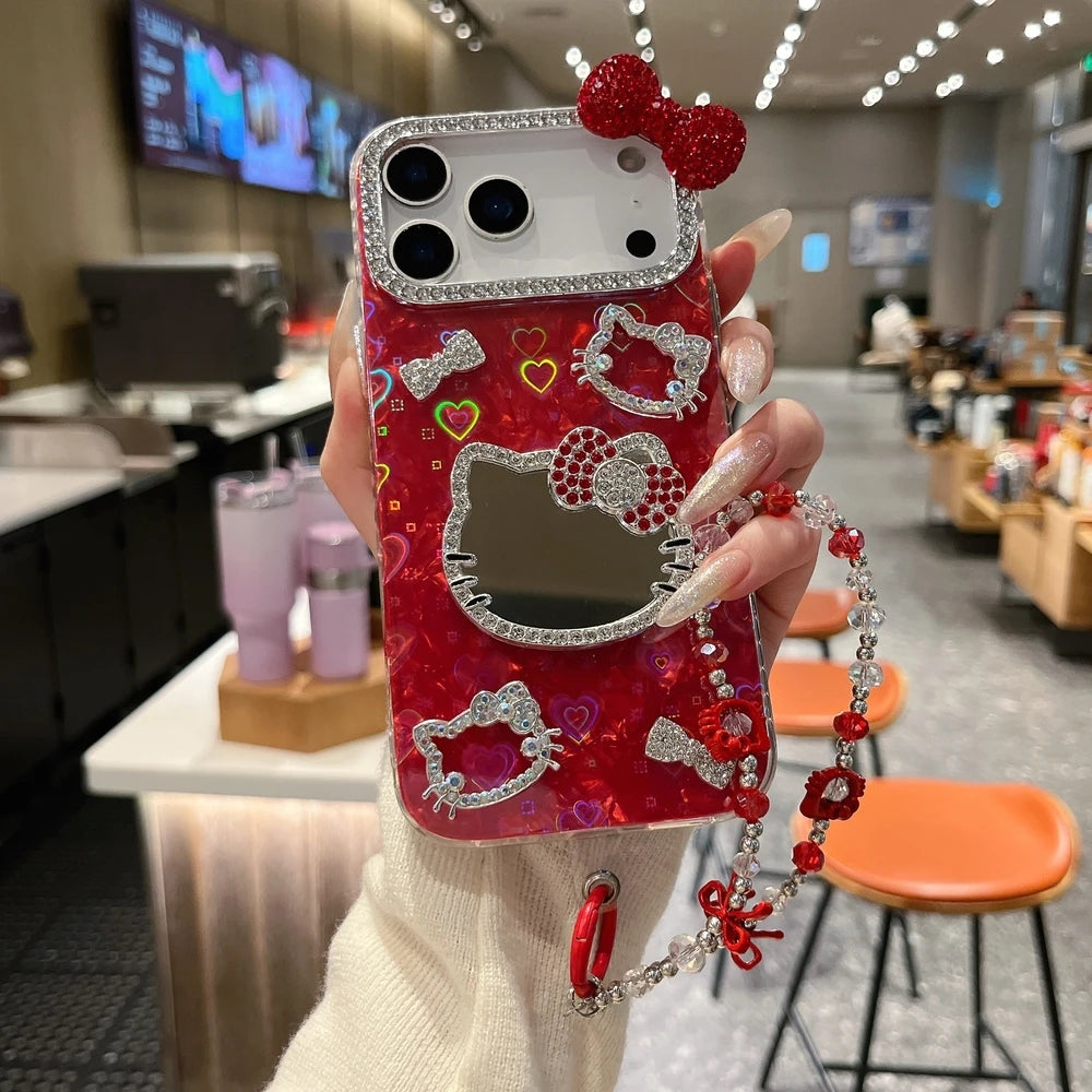 Sanrio Hello Kitty Bling Glitter Makeup Mirror Phone Case For iPhone