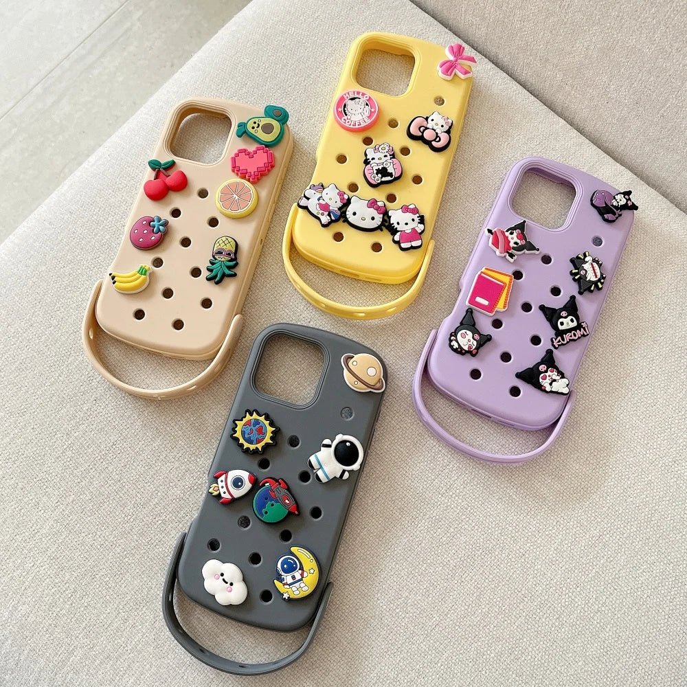 Cute DIY Hole Phone Case With Wrist Strap Detachable Cartoon Soft Silicone Phone