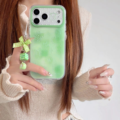 Korean Cute IMD Double Layer Green Line Kitty Phone Case For iPhone