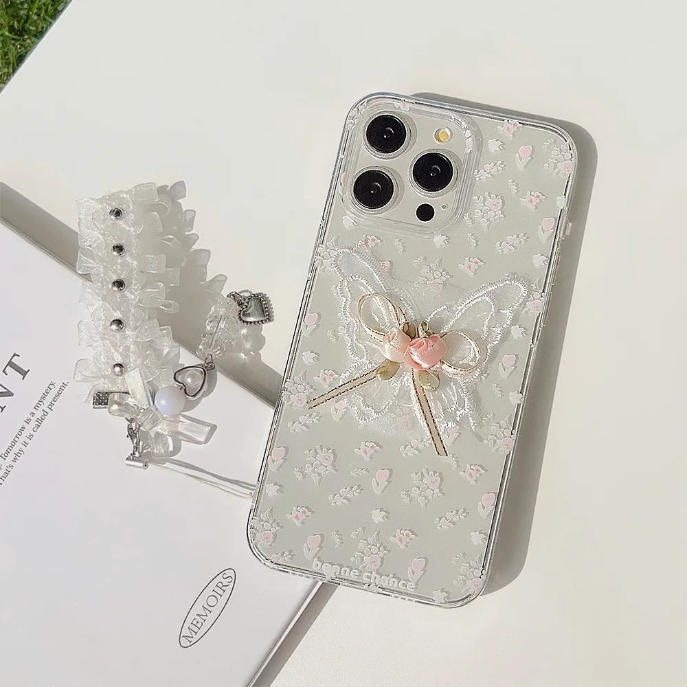 Korean 3D Butterfly Flower Lace Pendant Phone Case For iPhone