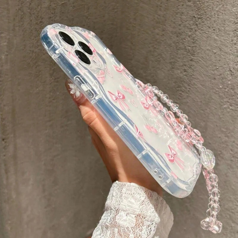 Pink Cherry Bowknot Transparent Wavy-Edge Phone Case For iPhone