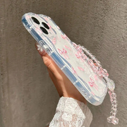 Pink Cherry Bowknot Transparent Wavy-Edge Phone Case For iPhone