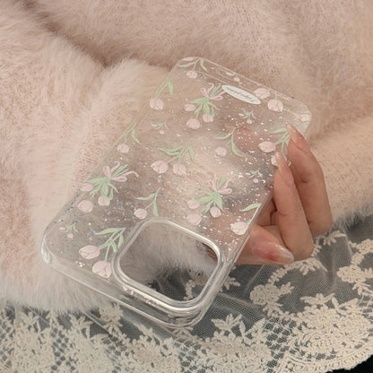 Glitter Floral Tulip Pattern Clear Phone Case