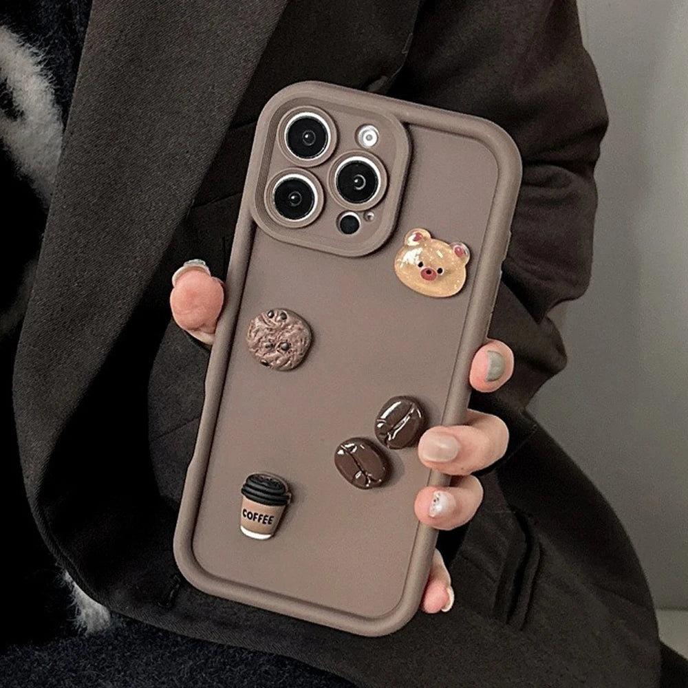 Cartoon 3D Bear Coffee Phone Case For iPhone