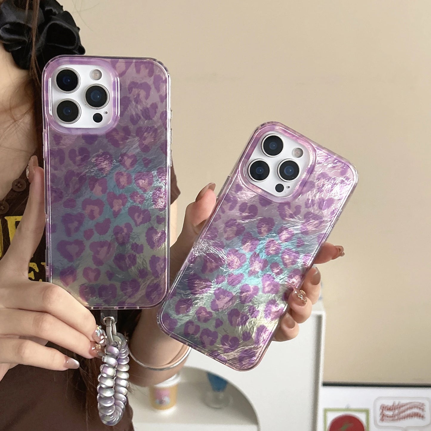 Iridescent Pink Holographic Leopard Print with Wrist Chain Trendy Phone Case