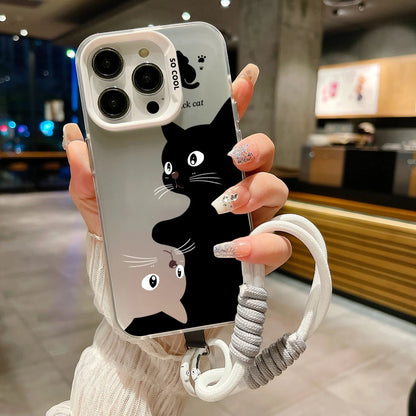 Cute Cartoon Black Cat Electroplate Lanyard Strap Phone Case For iPhone