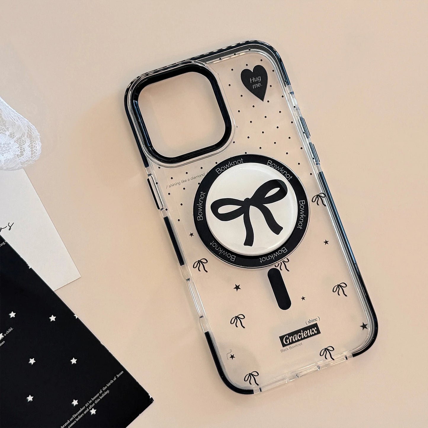 Korean Black Polka Dots Bowknot Magnetic Bracket Phone Case For iPhone