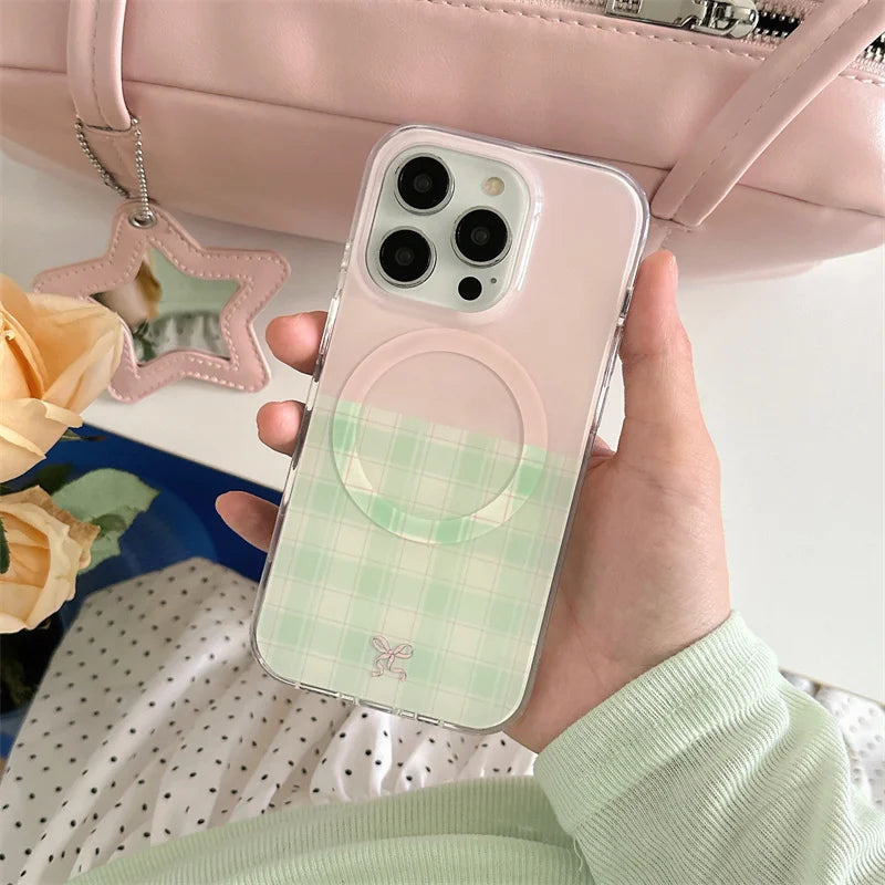 Fashion Pink Green Plaid Pattern Magnetic Phone Case