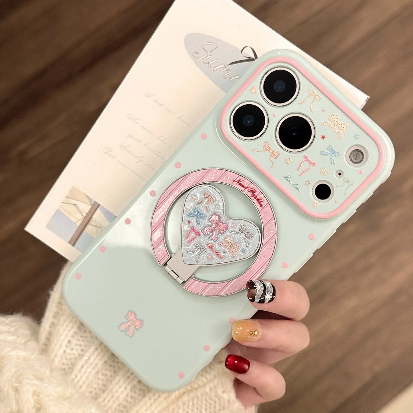 Korean Fold Love Heart Glitter Colorful Bowknot Magnetic Holder Phone Case For iPhone
