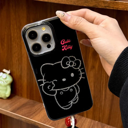 Black Wink Hello Kitty Bow Strap Stand Phone Case For iPhone