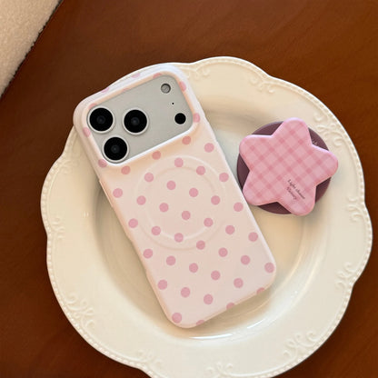 Korean Full Screen Polka Dots With Plaid Stars Magnetic Bracket Phone Case For iPhone