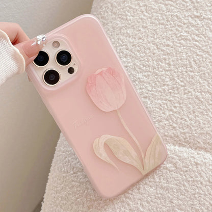 Korean Pink Tulip Flowers Pattern Phone Case For iPhone