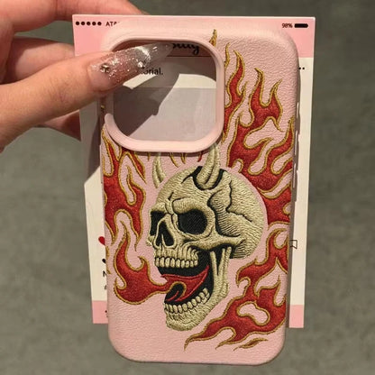 Flame Skull Embroidery Pattern Lychee Texture Phone Case For iPhone