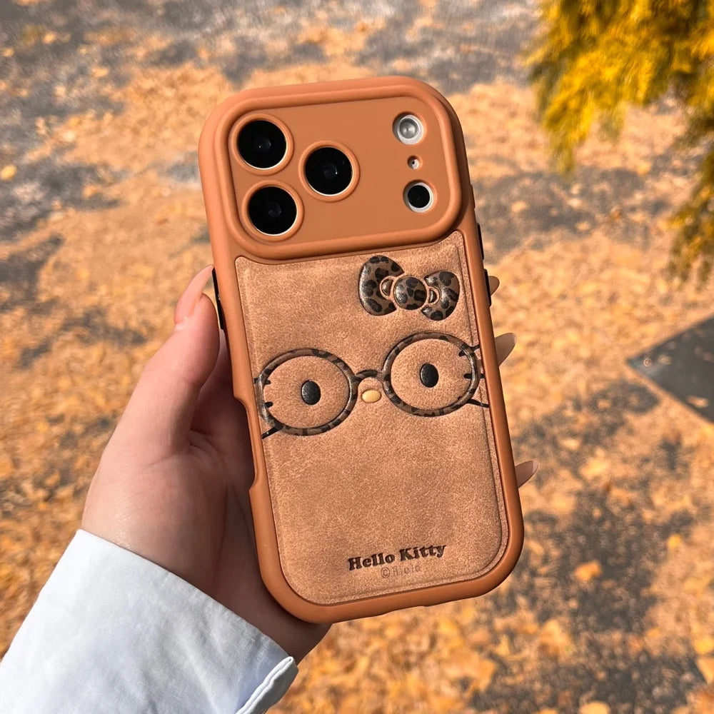 Brown Cute Leather Leopard Print Glasses Kiity Phone Case Suitable For iPhone