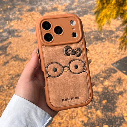 Brown Cute Leather Leopard Print Glasses Kiity Phone Case Suitable For iPhone
