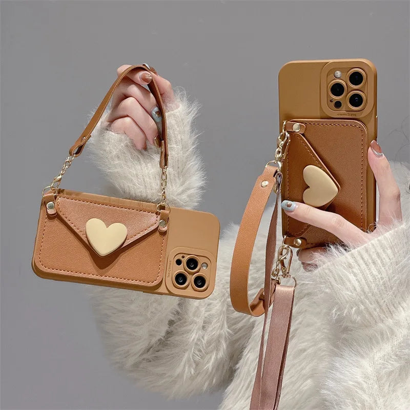 Heart Card Holder Crossbody Lanyard Leather Texture Phone Case For iPhone