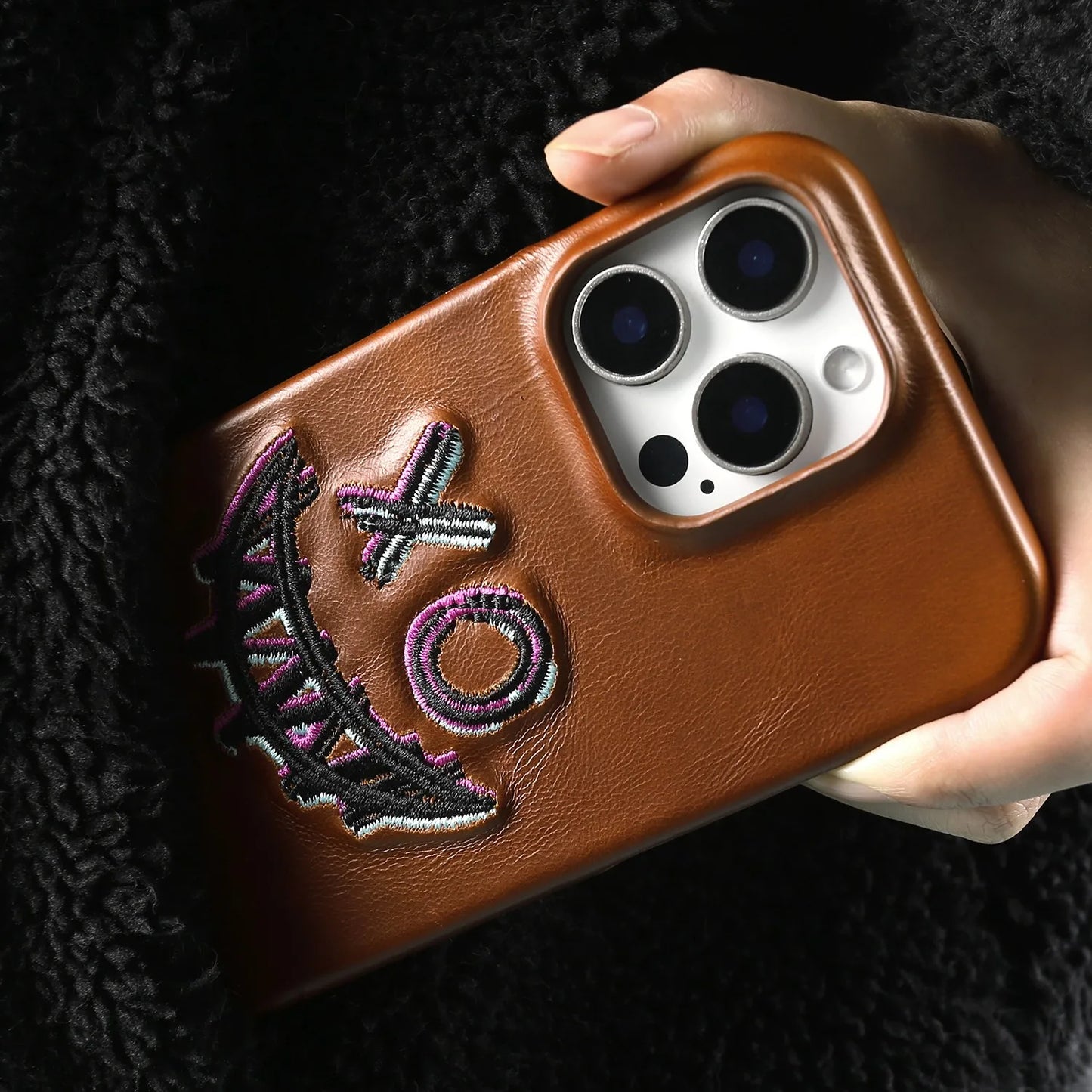 Retro Embroidery Genuine Leather Phone Case For iPhone