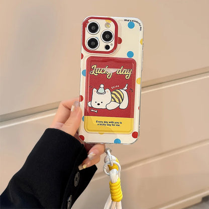 Cute Cartoon Puppy Bracket Card Holder Phone Case With Lanyard For iPhone