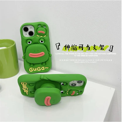 Cute Cartoon Thick Lips Frog Silicone Telescopic Bracket Phone Case For iPhone